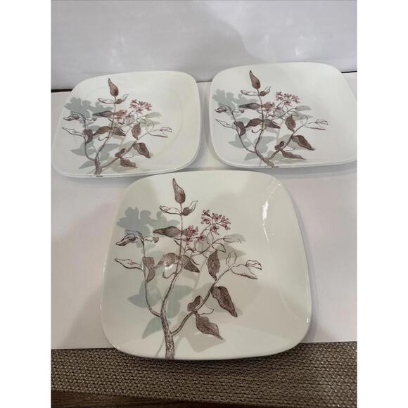 Set Of 6 Corelle Twilight Grove  10.5"  Square Dinner Plates Pink Floral W Brown - Picture 4 of 5
